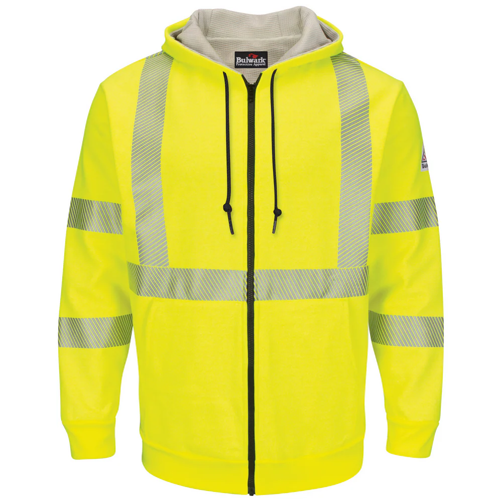 FLEECE FR HI-VIS ZIP-FRONT HOODED SWEATSHIRT WITH WAFFLE LINING - HV-Yellow Green | Bulwark SMZ4