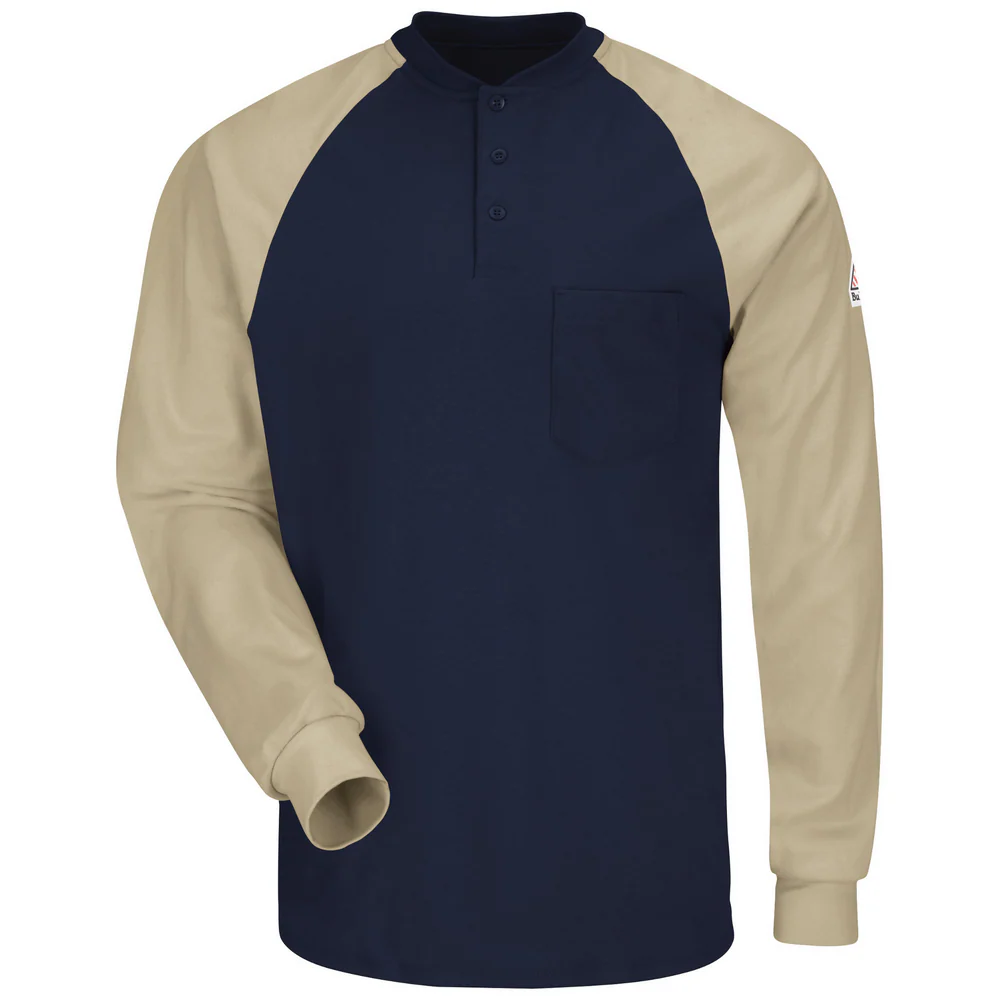 FR COLOR BLOCK LIGHTWEIGHT LONG SLEEVE HENLEY - NK-Navy Khaki | Bulwark SEL4