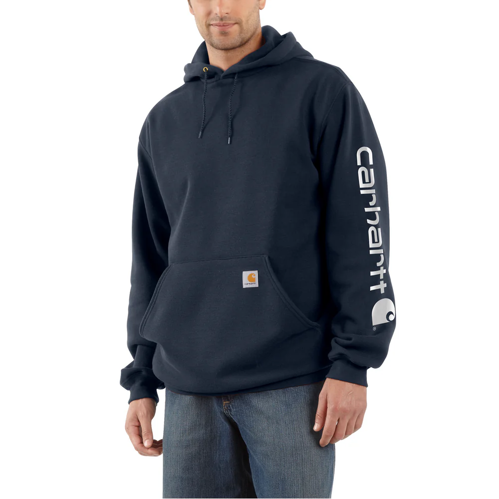 MIDWEIGHT SIGNATURE SLEEVE LOGO HOODED SWEATSHIRT - 472-New Navy | Carhartt K288