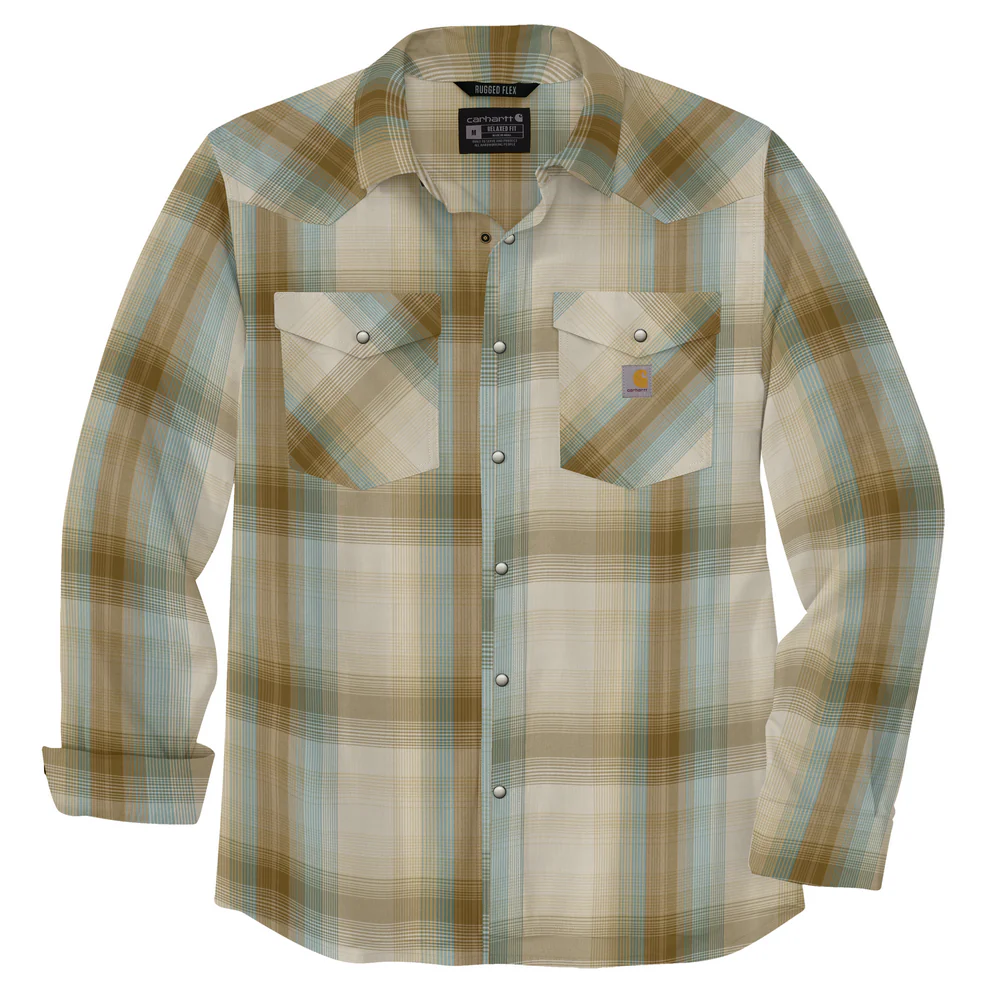 Montana Rugged Flex Relaxed Fit Lightweight Long-Sleeve Snap-Front Plaid Shirt - A35-Chalk | Carhartt 106756