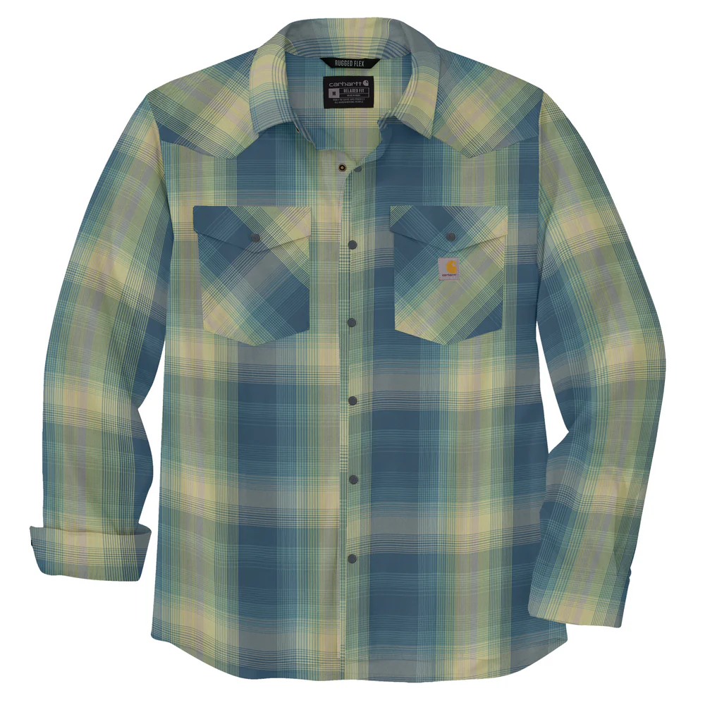Montana Rugged Flex Relaxed Fit Lightweight Long-Sleeve Snap-Front Plaid Shirt - HK8-Storm Blue | Carhartt 106756