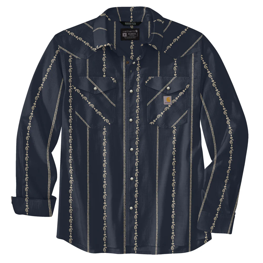 Montana Rugged Flex Relaxed Fit Lightweight Long-Sleeve Snap-Front Print Shirt - HM1-Navy Paisley Stripe | Carhartt 106905